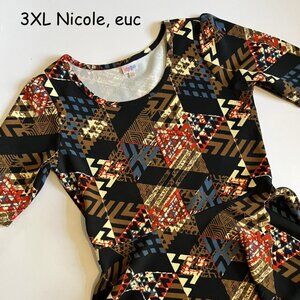 3XL Lularoe Nicole fit and flare dress, black, red, blue, brown patchwork print
